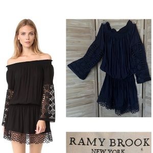Ramy Brook Lowri navy blue off the shoulder crochet mini dress drop waist M